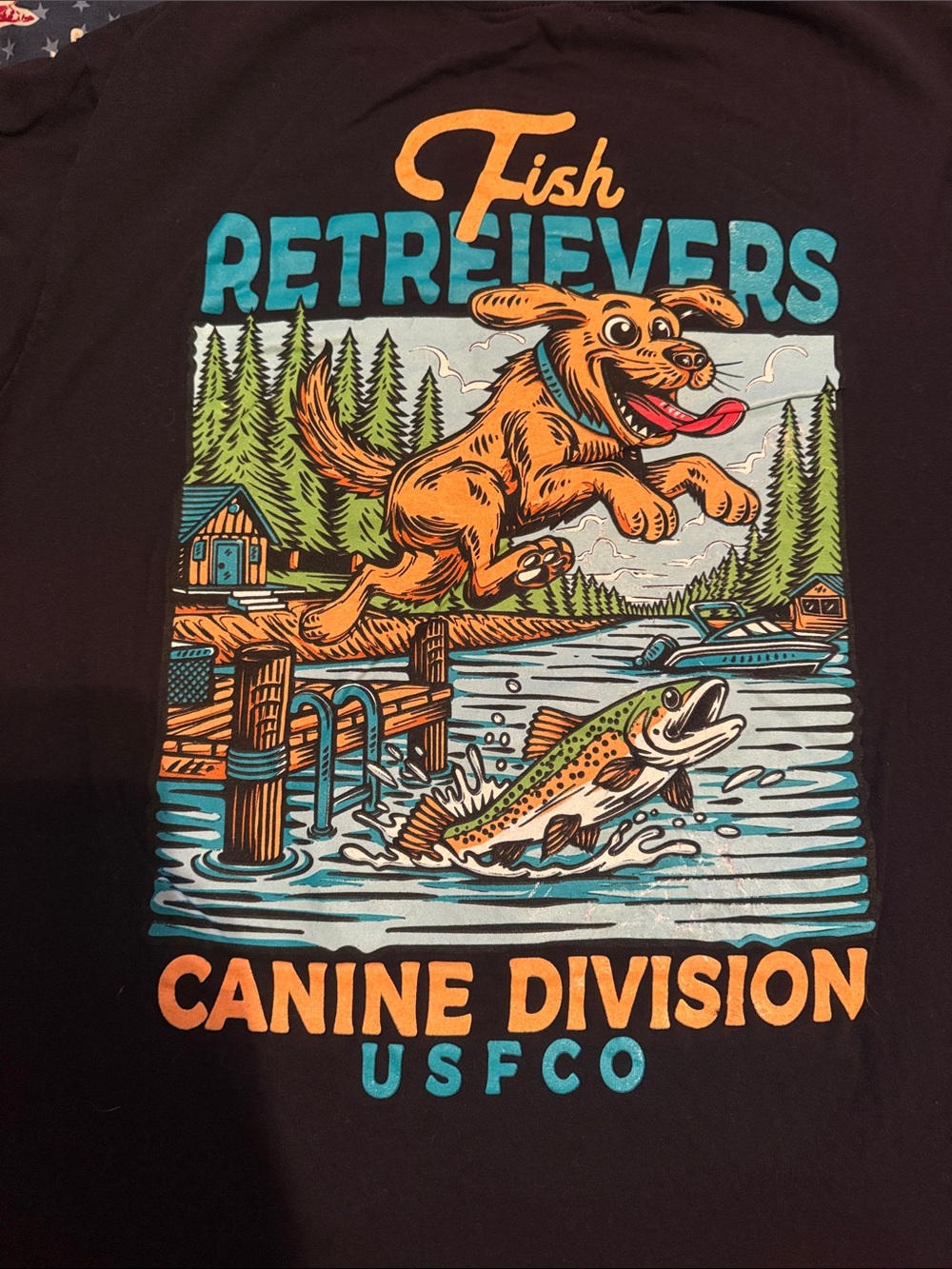 Fish Retrievers Canine Division T-Shirt - Black with Teal & Orange Graphic